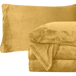 Luxuriously 4-Velvet Plush Flannel Sheet - Premium Quality - Warm, Anti-Static, Pilling Fuzzy Velvet Flannel Deep Pocket Sheet - Queen, Gold