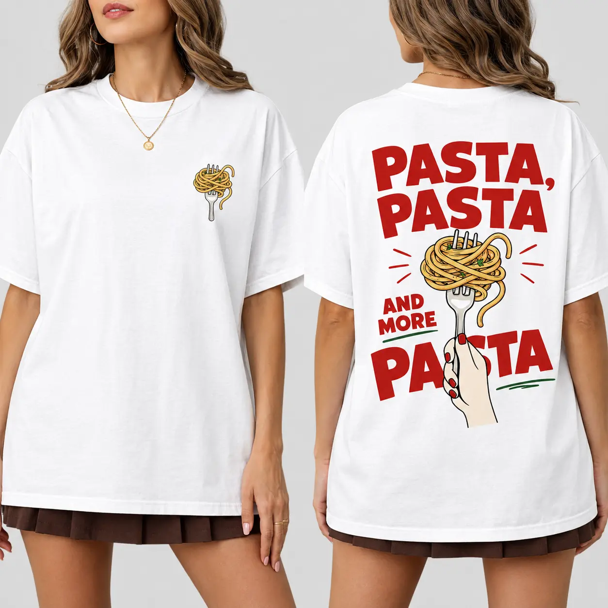 [100% Cotton] Pasta Pasta and More Pasta T-Shirt, Funny Spaghetti Graphic Tee with Front and Back Print, Pasta Lover Oversized Shirt for Women, Retro Italian Food Tshirt for Casual Wear, Dinner Party Outfit, Gift for Foodies
