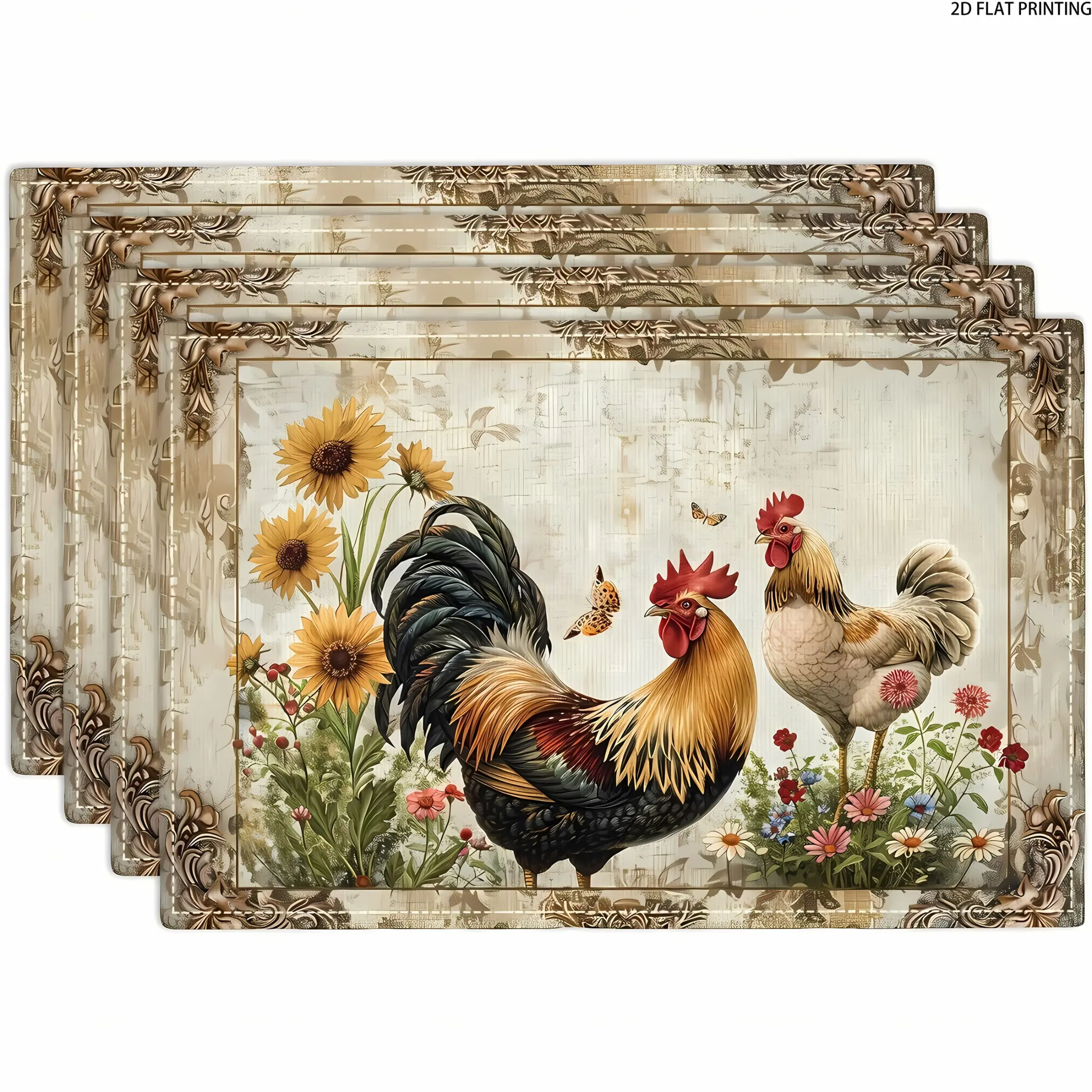 2D flat printing, 2-piece/4-piece/6-piece/8-piece set farmhouse chicken brand Kitchen Decorative Placemat retro country daisy table mat, suitable for kitchen dining tables, indoor and outdoor restaurants, parties, Table Placemats, 12 X 18 inches