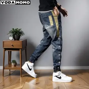 Men’s harem jeans — stretchy slim-fit joggers with drawstring; casual hip-hop denim pants with pockets; available in blue/beige (304); breathable, quick-drying, slim-fit, stretch denim; USA workwear style; suitable for autumn; relaxed slim-fit jeans.