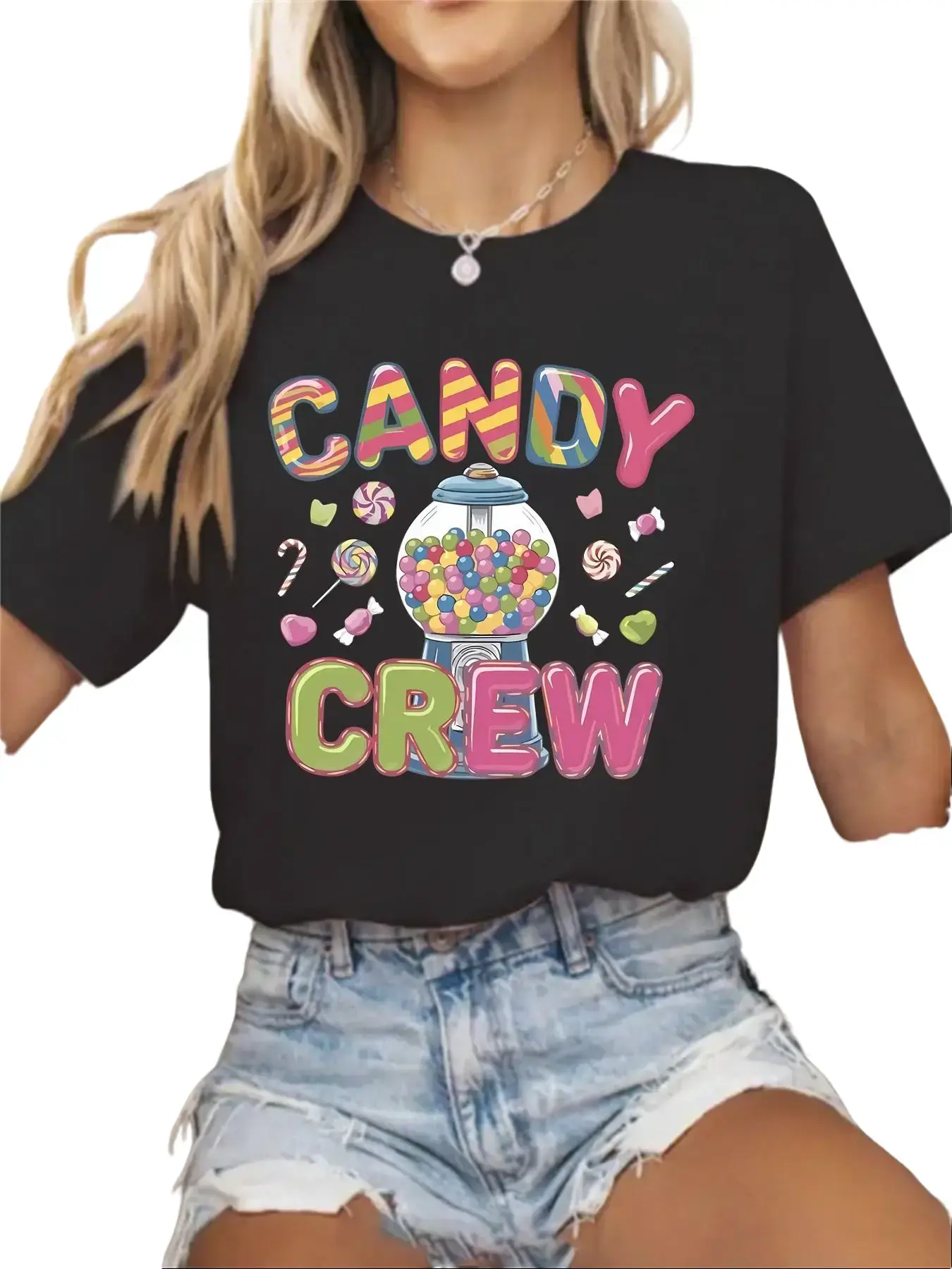 A Beautiful Round-Neck Casual Sports T-Shirt Featuring a Candy Machine And Candy, Perfect for All Seasons, with Summer New Arrivals And Elegant Women'S Wear for The Holidays
