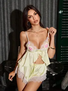 LYNX Contrast Color Lace Patchwork Deep V Floral Sexy Pajama Set