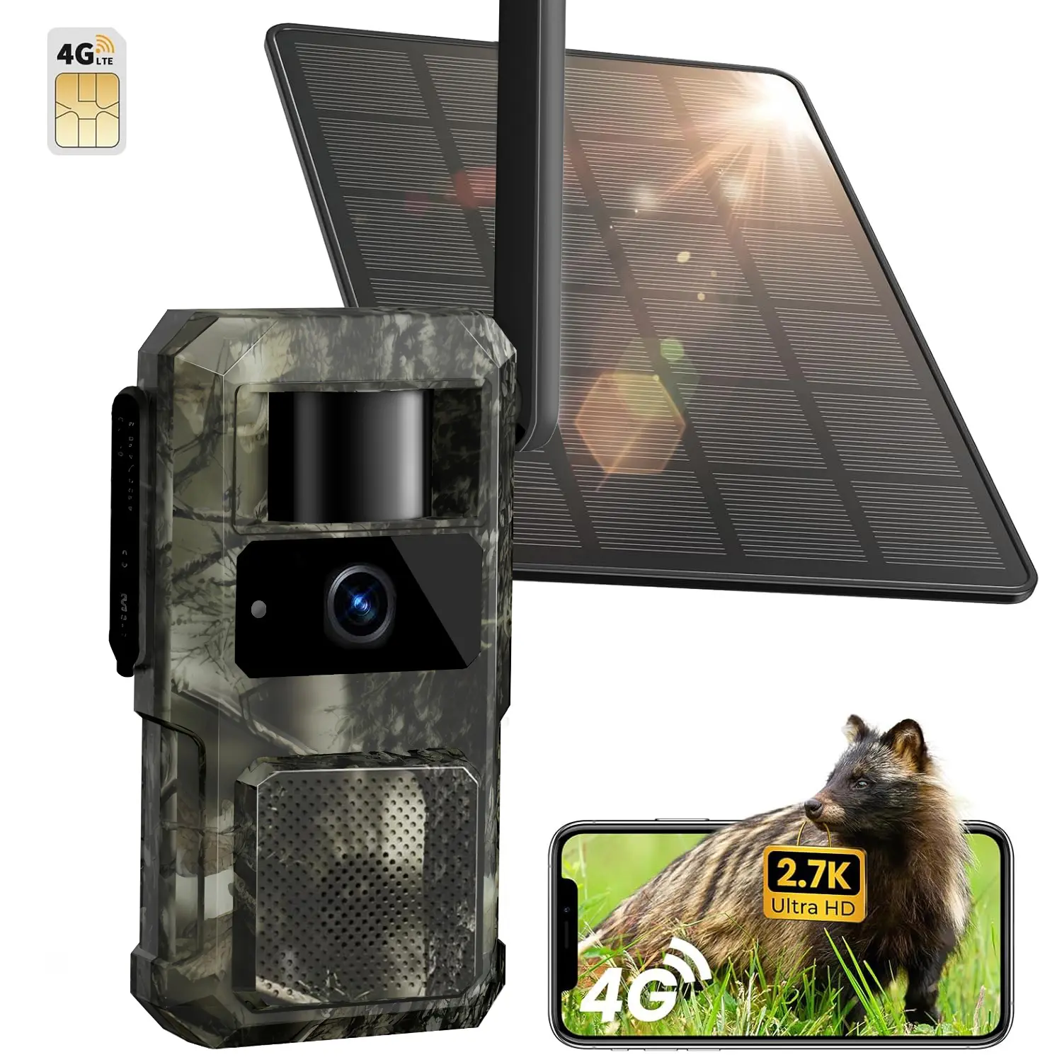 4G LTE Trail Camera with Solar Panel & 2K Live View! Enjoy unlimited data usage with a refillable plan (data refill required). Features night vision for 24/7 security monitoring. No WiFi needed! security camera cellular