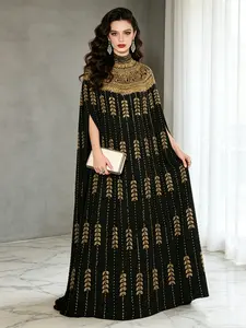 Women's Luxurious Gold Long Dress, Golden Sequins, Batwing Sleeves, Elegant Kaftan Evening Gown, Wedding Party, Ramadan, Eid