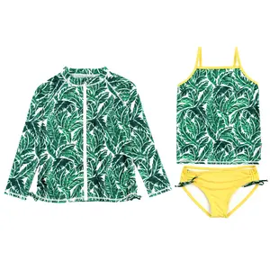 Girls Long Sleeve Rash Guard + Tankini Bikini Set (3 Piece) | "Palm Leaf"