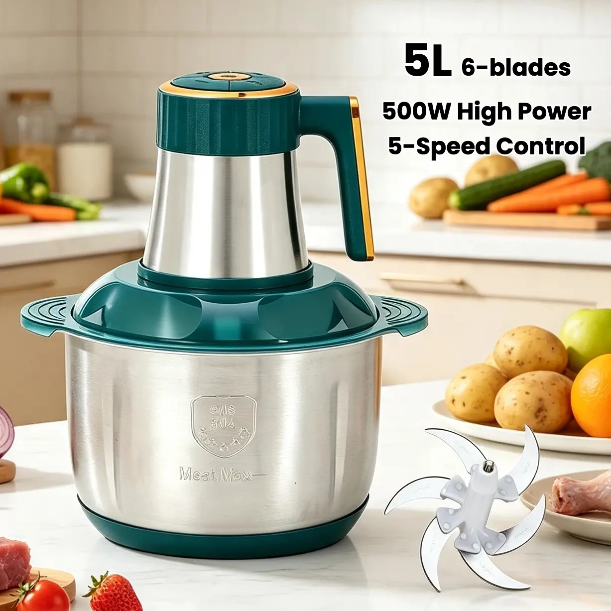 TAUFIKT 500W Brass Motor Home Food Processor - 5L Capacity Bowl, 5 Speed+Pulse, 6-Blade Blade, Multifunctional Chopper Slicer, 2-Minute Overheating Protection for Household Kitchen Use, 5-Liter Large Capacity