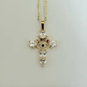 Gold Plated 3MM Figaro Chain Cross Evil Eye Necklace