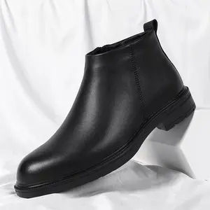 Black Chelsea work men's boots, genuine leather for comfort, business leather boots for work, side zipper design, single shoe with fleece option