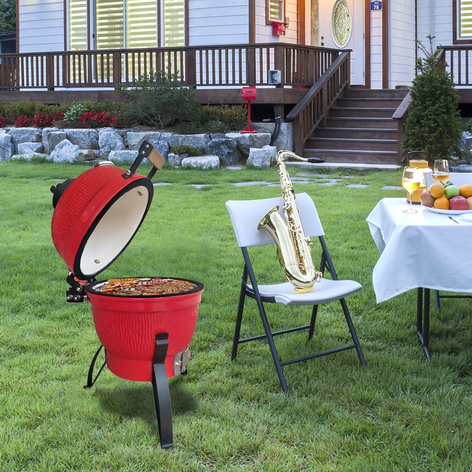 NEWZOME 13 Inch Round Ceramic Charcoal Grill Kamado Style Portable BBQ Smoker with Lid and Vents Outdoor Tabletop Barbecue Grill for Patio Backyard Camping Tailgating Cooking Orange