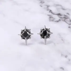 Black Magnetic attachment  CZ Metal Star Earring Studs for Men Women Hip Hop Style Antique Silver Color Clear Crystal Couple Post Earrings Party Accessories Jewelry