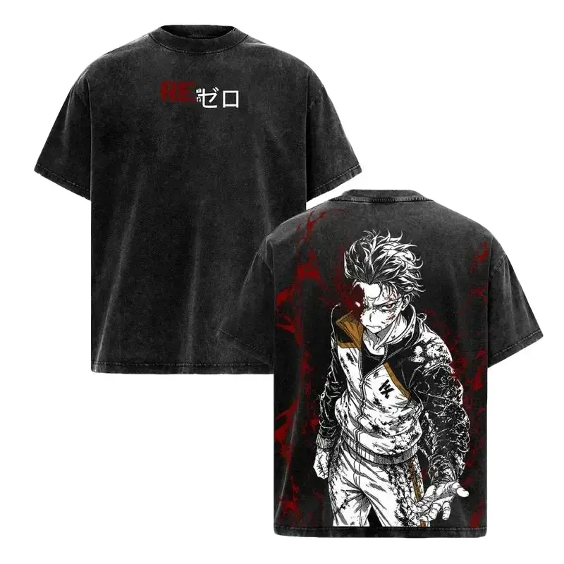 Re Zero Natsuki Subaru Vintage Acid Wash Anime Tee Graphic T-Shirt Dark Fantasy Streetwear Distressed Heavyweight Cotton Oversized Unisex Manga Tee Merch Gift