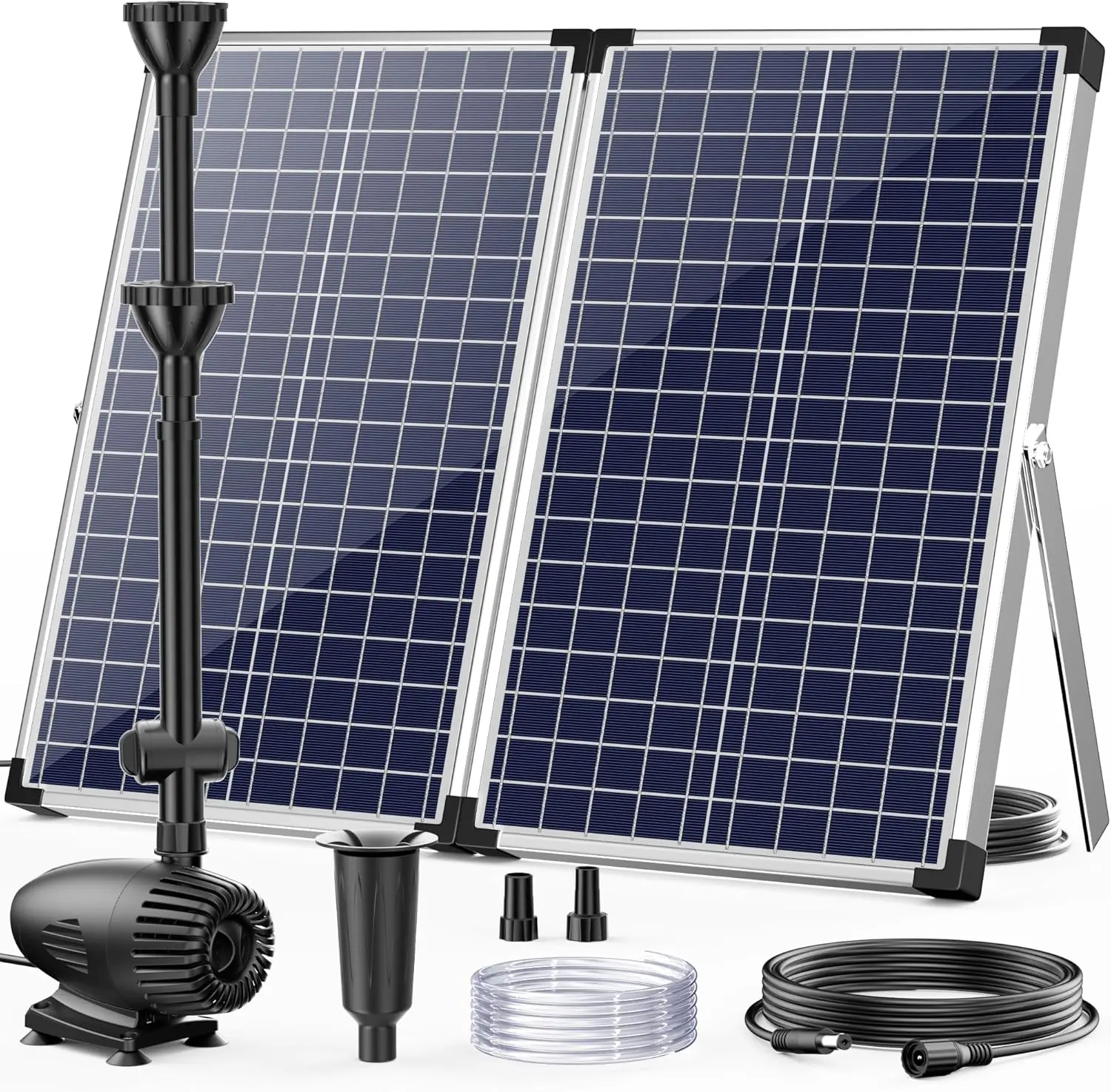 POPOSOAP 55W Solar Fountain Pump for Outdoor Pond, 480GPH Solar Pond Pump with Dry-Run Protection, Solar Powered Water Pump with PVC Tubing, 17Ft Cord for Ponds, Garden, Waterfall, Hydroponics