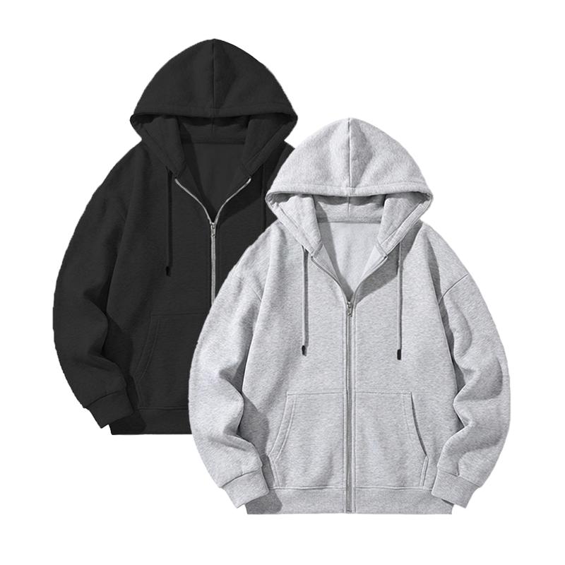 Men's solid-color full-zip shoulder-down hooded sweater, regular version casual long-sleeved hooded sweatshirt, suitable for autumn and winter wear, daily wear men's clothing