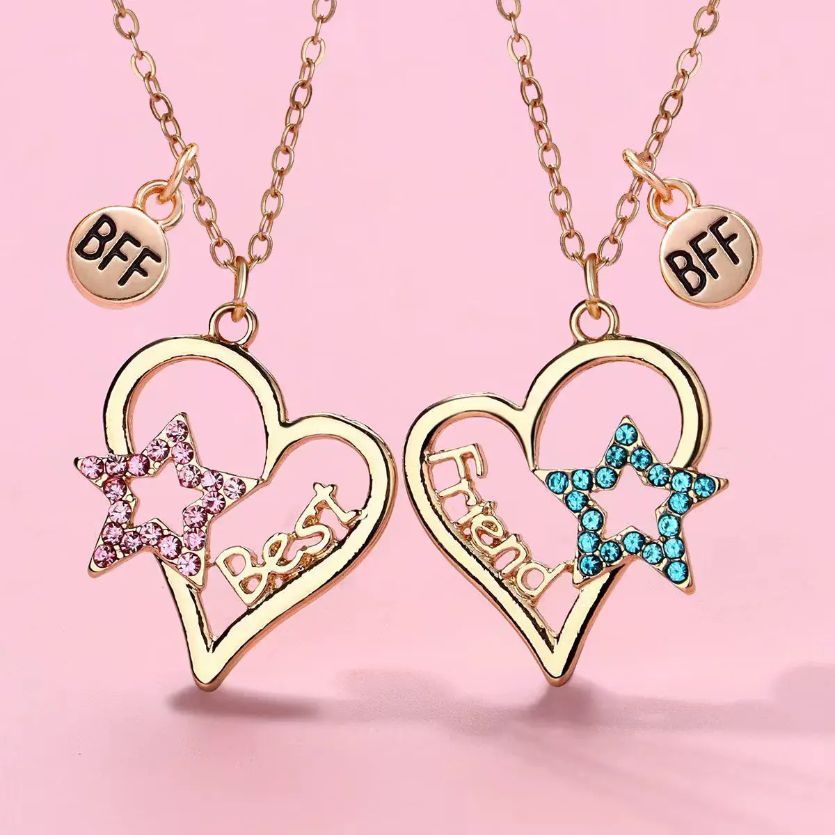 SIXFOX Sparkling Couple Heart Star Necklaces for 2 - Pink & Blue Crystal Gold Plated Pendants, Best Friend Forever Matching Jewelry Gift Set