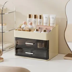 Makeup Organizer for Vanity,Vanity Organizer with 2 Drawers,Makeup&skincare Organizers Countertop, Display Case,Vanity Storage Box(Cream)