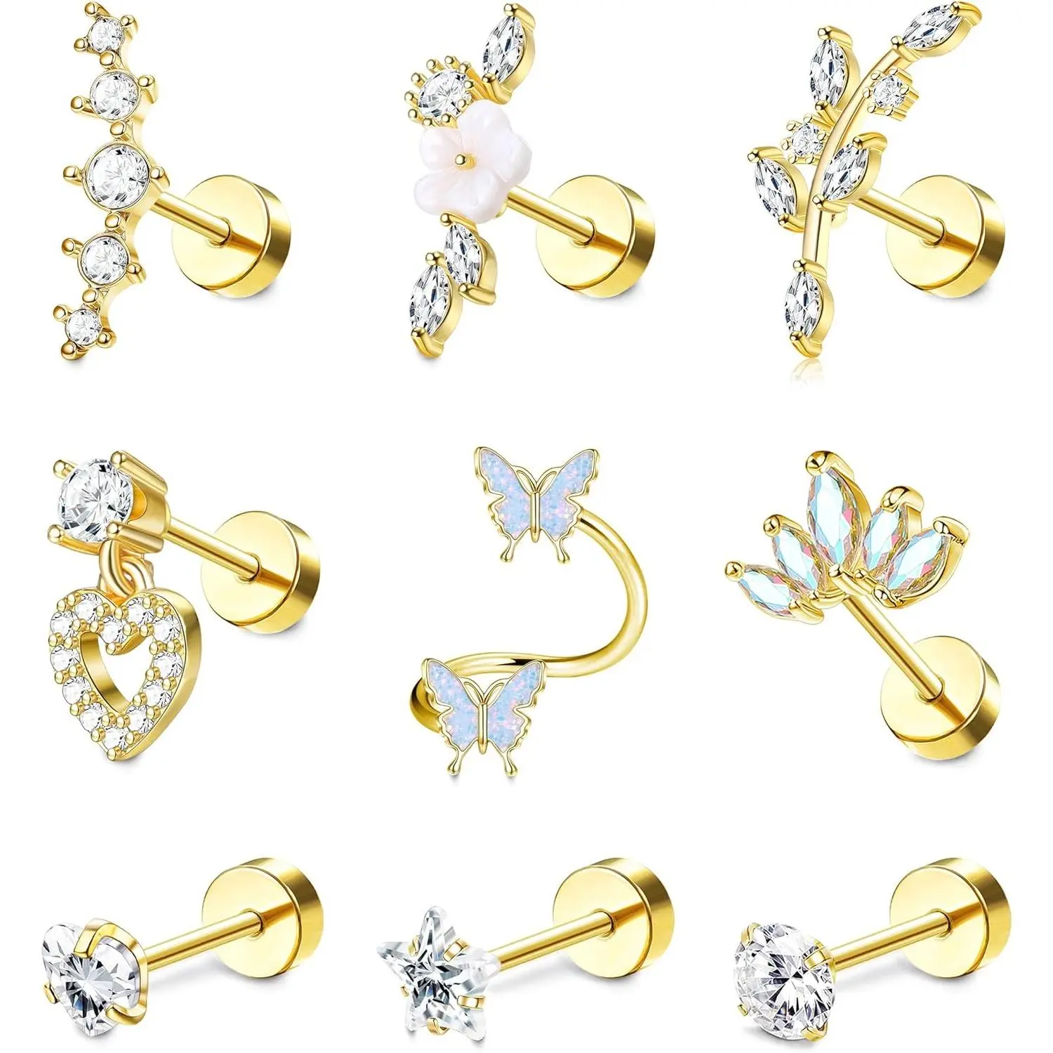 YADOCA 9 Pcs 16G Helix Earrings for Women Surgical Steel Conch Tragus Earrings Piercing Butterfly Flower Snake Ear Piercing Earrings Stud Cartilage Earrings Set Helix Tragus Piercing Jewellery