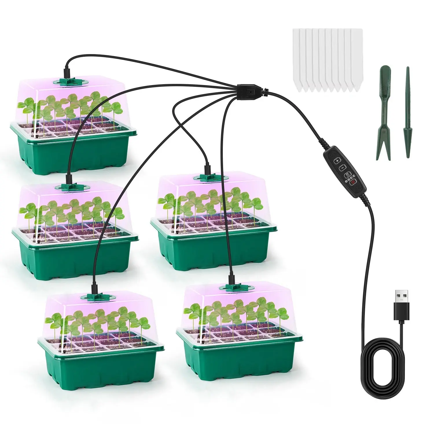 Durable Growing Tray Plant Growing Set (5-Pack) – Plastic, Full-Spectrum LED Lamps, Built-In Timer, Drainage Hole, Adjustable, for Home Garden Greenhouses & Seed Starting