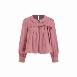 Cider Red Gingham Peter Pan Collar Bowknot Oversized Blouse