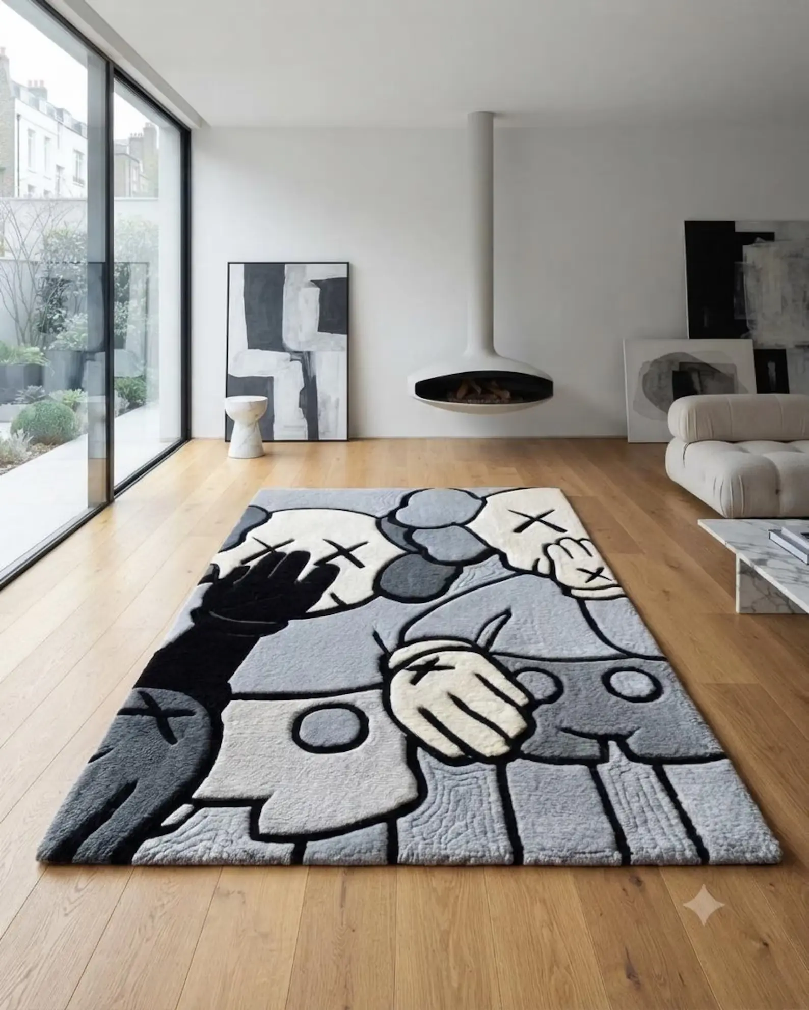 Hand Tufted Wool Area Rug, Modern Black-White Cartoon Street Art Household Textile Carpet