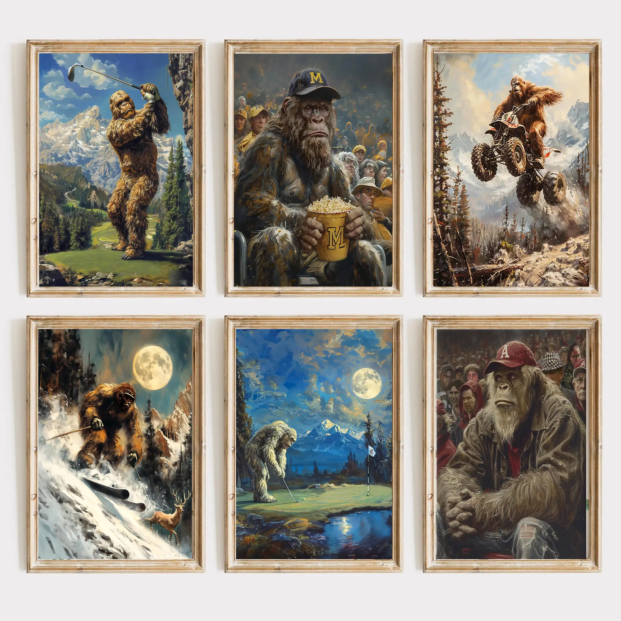 Bigfoot play sports unframed Poster, Vintage Sasquatch Sport Print for Room Artwork Wall Art Cabin Decor, Gift for Golfer, Football Lovers, Frameless