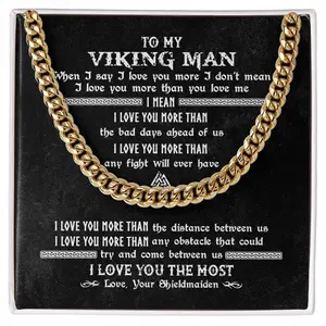 To My Viking Man Necklace, Viking Gift For Man, To Husband, Boyfriend, Cuban Link Chain, Stainless Steel or Yellow Gold, Message Card & Gift Box