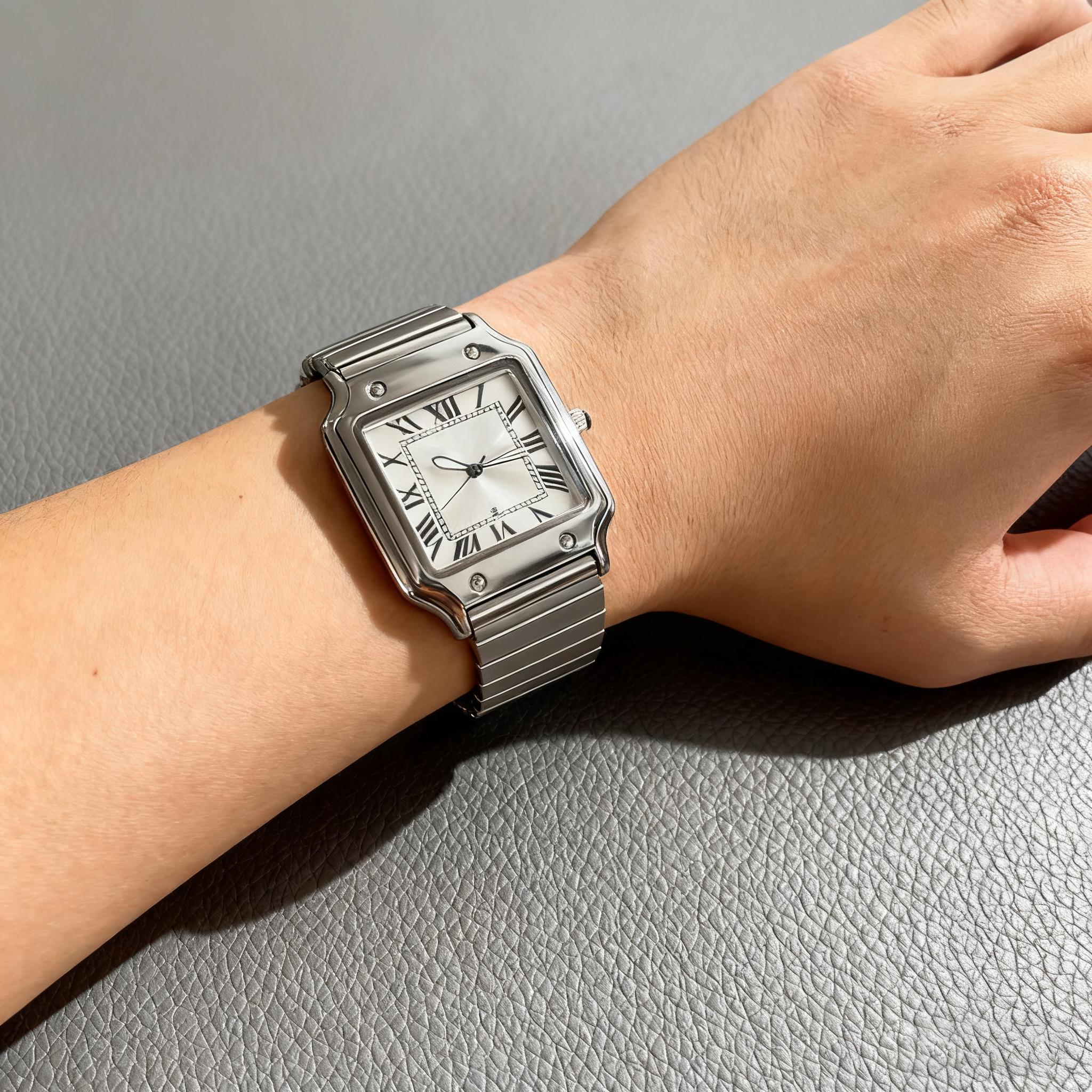 Unisex Classic Square Roman Numerals Silver Analog Water-Resistant Watch suitable for Women Men Stainless Steel Strap Date Display Casual Wristwatch