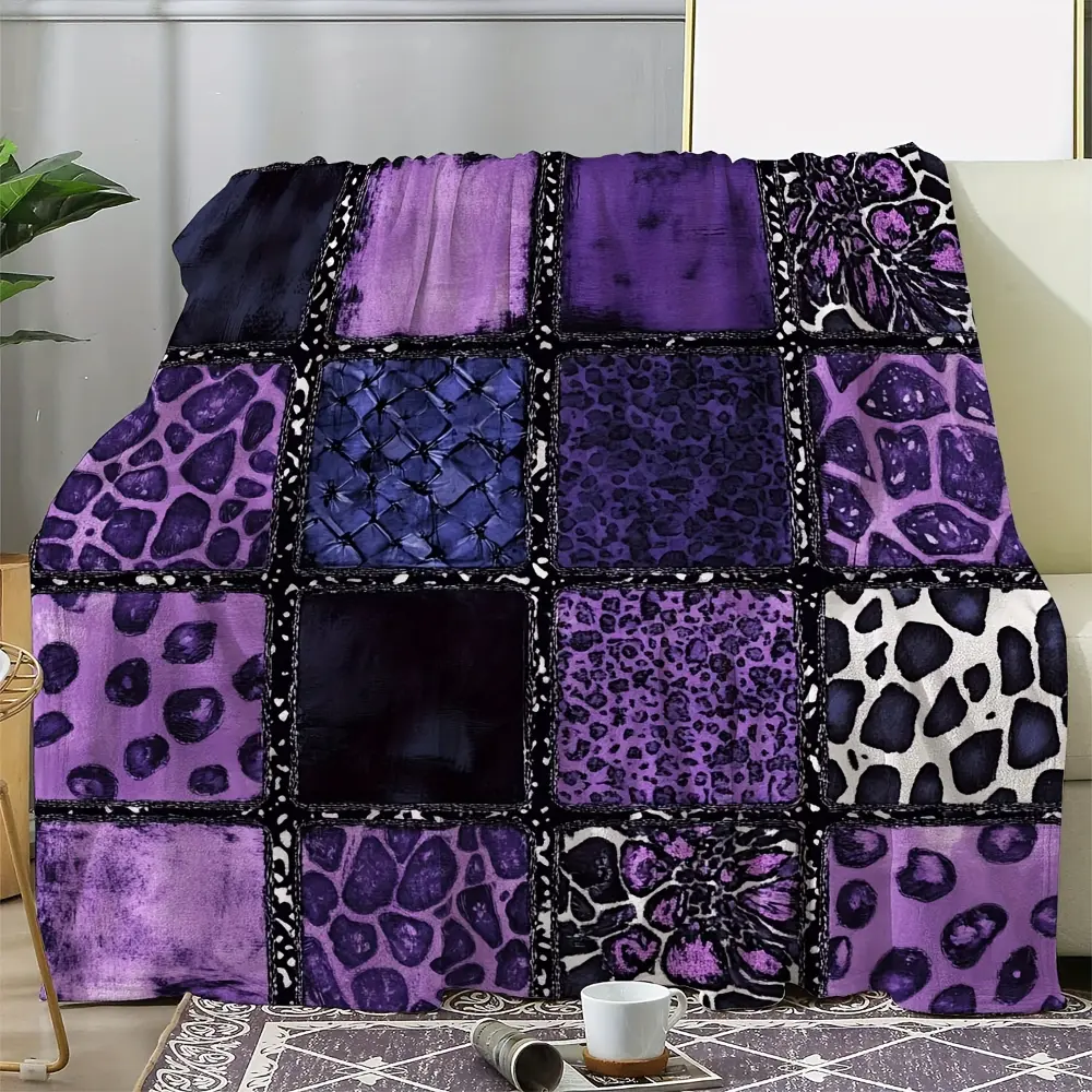 Purple Leopard Blanket, Gothic Patchwork Throw Blanket with Animal Print Design, Dark Purple Fleece Blanket for Couch Sofa Bed, Y2K Aesthetic Room Decor, Luxury Boho Home Decoration, Cozy Gift for Women Girls
