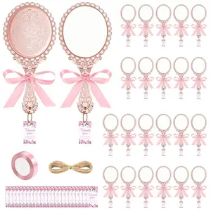 12 Sets Vintage Handheld Mirror with Ribbon & Thank You Tags - Elegant Floral-like Decoration, Compact Travel Makeup Mirror for Quinceañera, Wedding, Birthday Party Favors - Lightweight Portable Princess Gift for small gift exchange Party Decoration