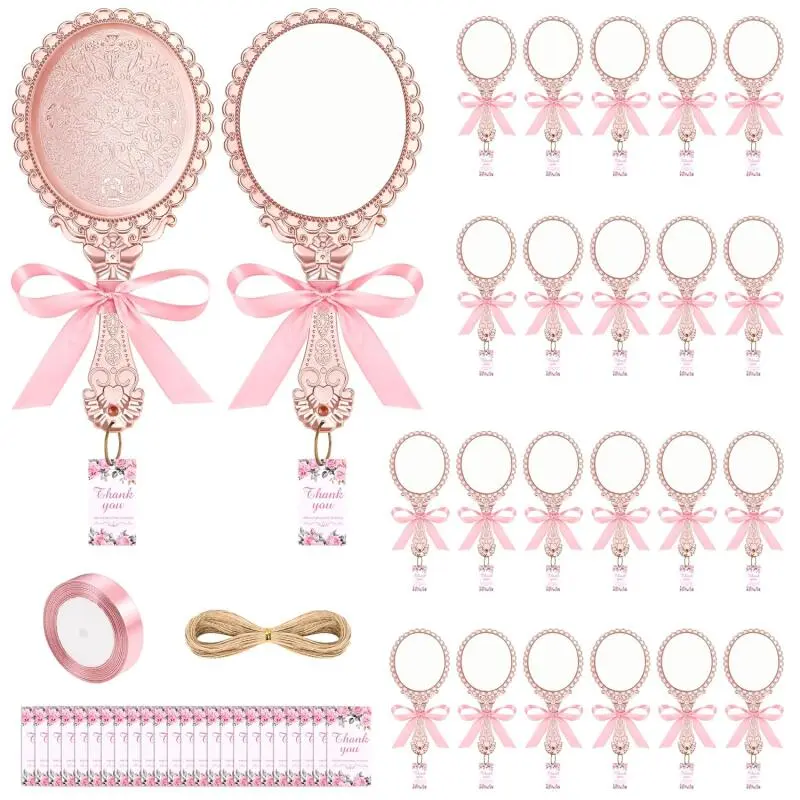 24 Sets Vintage Handheld Mirror with Ribbon & Thank You Tags - Elegant Floral-like Decoration, Compact Travel Makeup Mirror for Quinceañera, Wedding, Birthday Party Favors - Lightweight Portable Princess Gift for small gift exchange Party Decoration