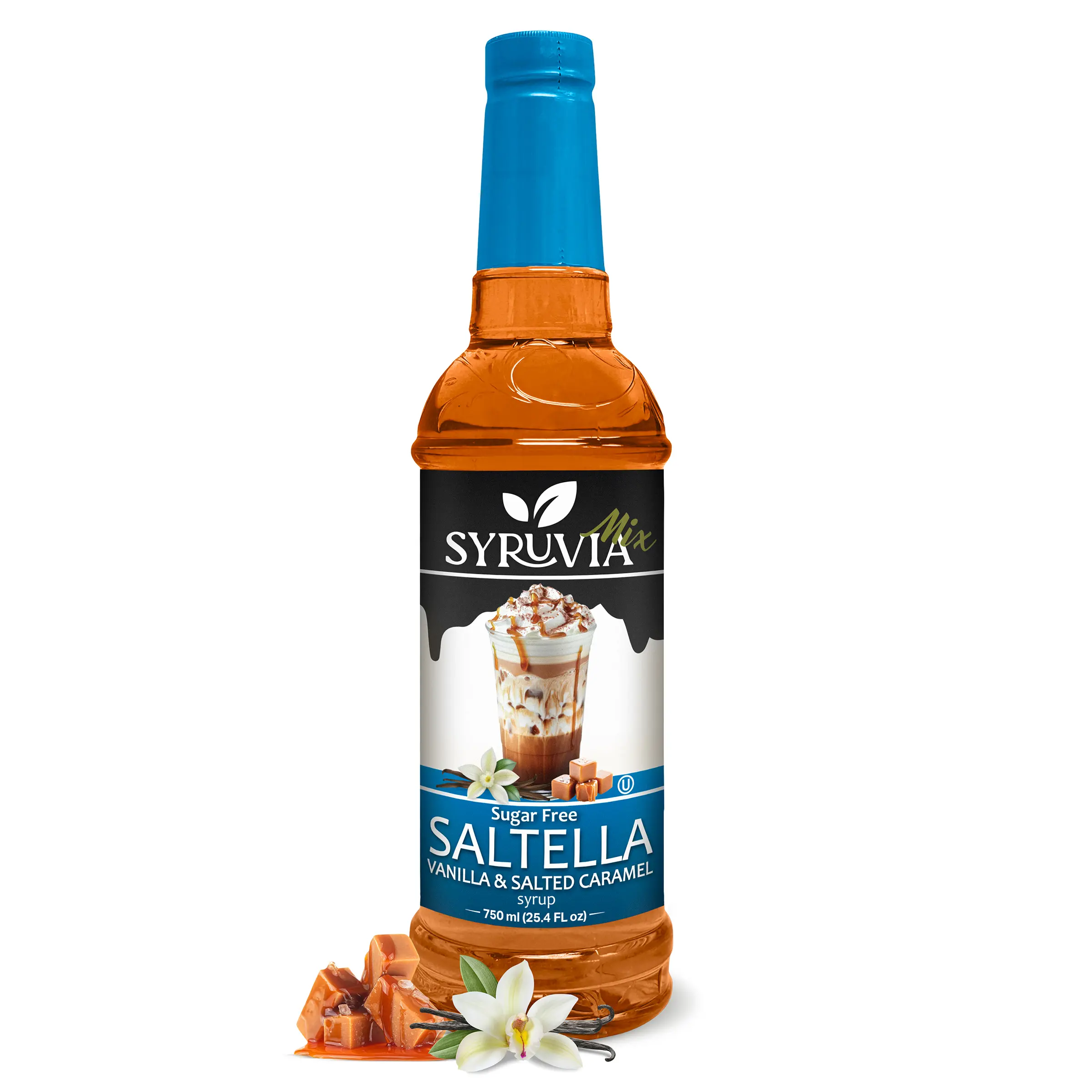Syruvia Sugar Free Saltella Coffee Syrup - Vanilla Salted Caramel Flavor, 25.4 fl oz, 0 Calorie, Kosher, Gluten-Free Syrup for Beverages, Shakes, Desserts, Beverage