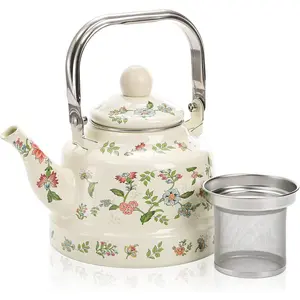 1.8 Quart  Enamel Stovetop  Kettle, Retro Green Floral Enamel  Steel Teapot with Removable Infuser for Camping,  for Wedding Housewarming Easter