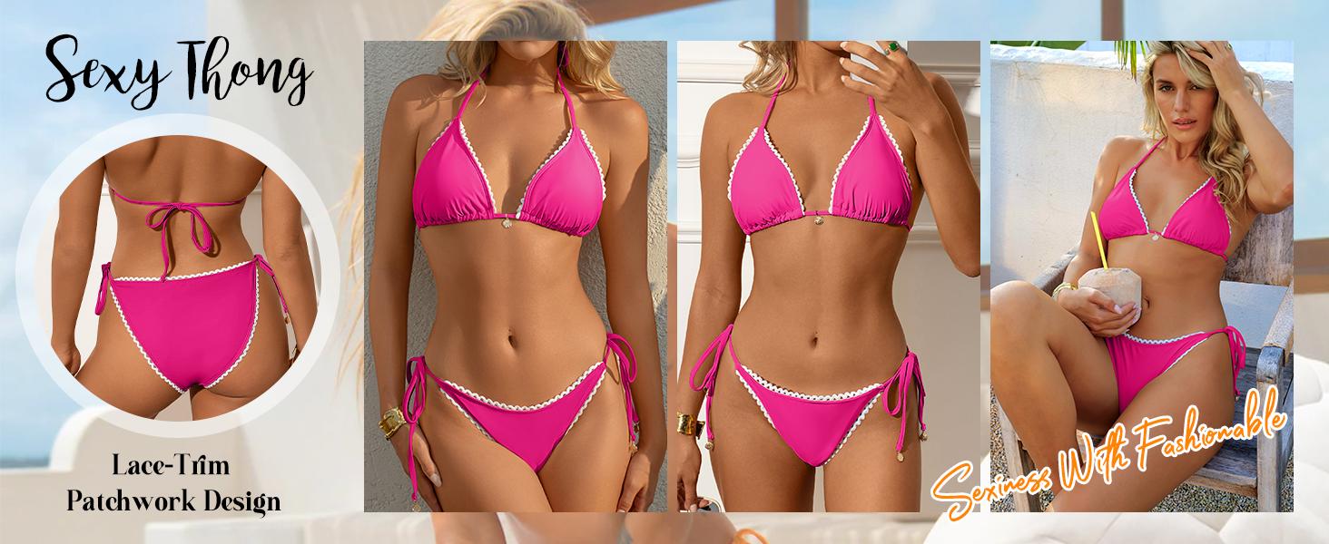 ANRABESS Women's Triangle Bikini Sets Sexy Halter String Two Piece Swimsuits Tie Lace Trim Bathing Suit Trendy Beach Swimwear