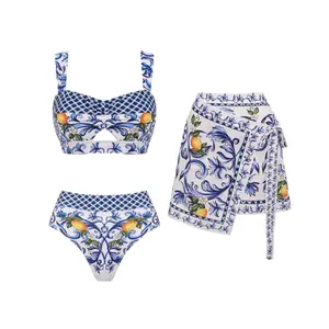 FLAXMAKER Women's  Lemon Print High Waist Bikini Set Swimsuit and Matching Cover Mini Skirt Set Swimdress Stylish Beachwear Bathing Suit SpringStatements Swimoutfit