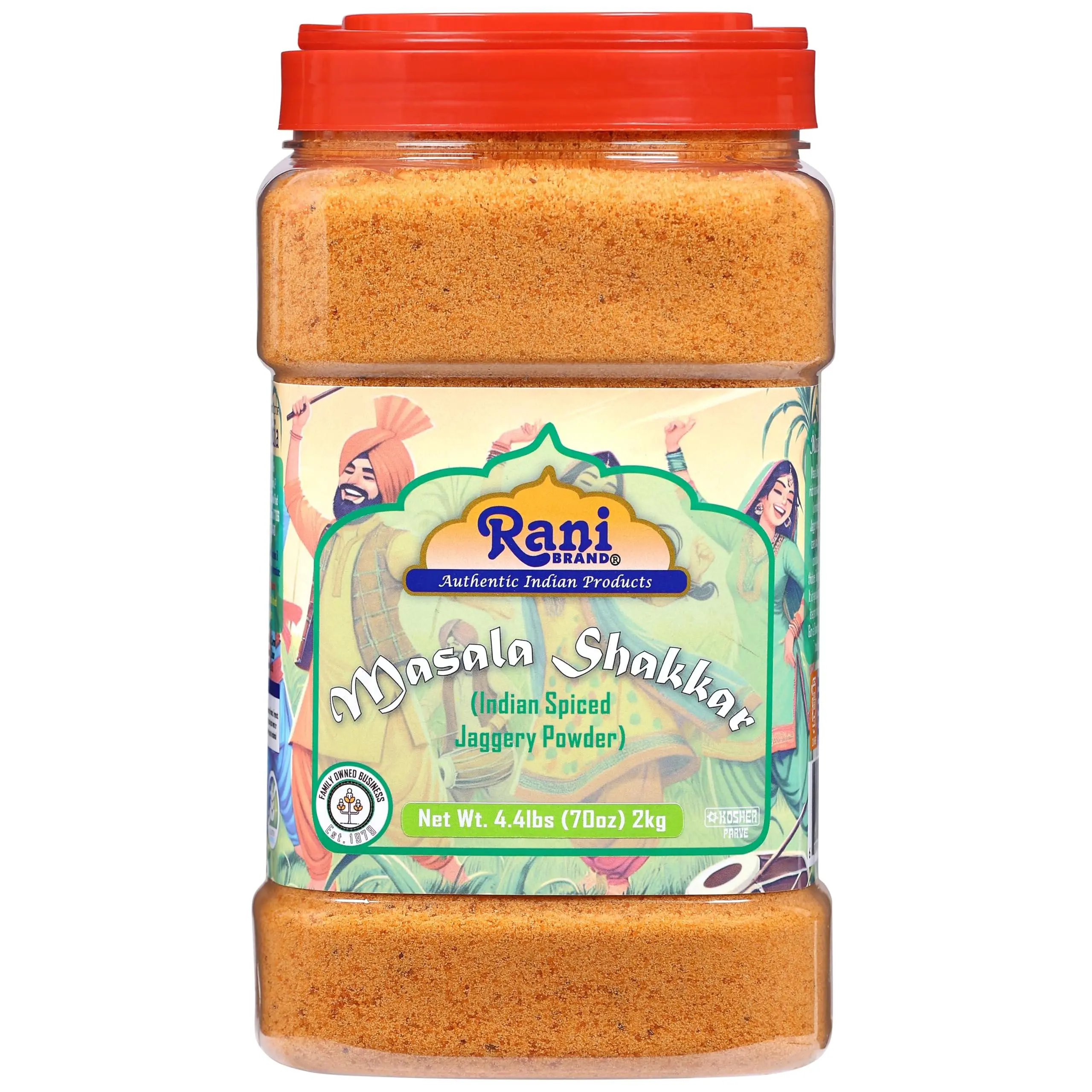 Rani Masala Shakkar (Indian Spiced Jaggery Powder) Unrefined Raw Cane Sugar 70oz (4.4lbs) 2kg PET Jar ~ Gluten Friendly | Vegan | NON-GMO | Kosher | No Salt or fillers | Indian Product
