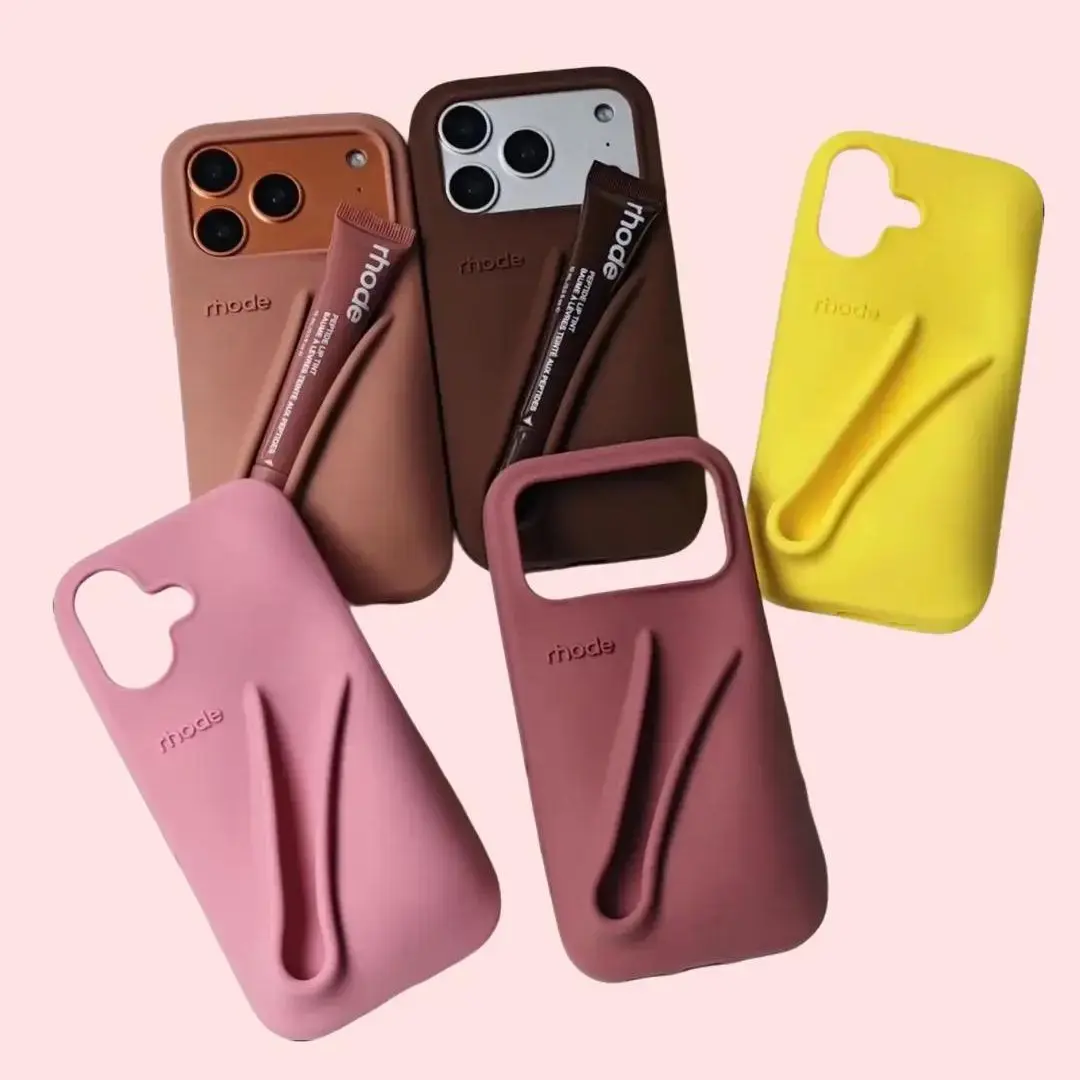Cute Silky Soft Silicone Phone Case for iPhone 13–17 Pro Max/Pro, Built-In Lip Gloss Stick Holder, Portable Lip Makeup Accessory, Trendy Daily Protective Cover for Girls