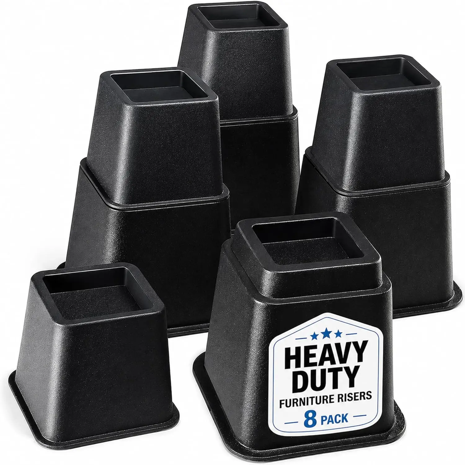 Adjustable Bed Risers - Elevation in 3, 5 or 8 Inch - Heavy Duty Stackable Furniture Risers Supports 1,300 lbs - for Under-Bed Storage, College Dorms, Table and Couch, 4 Pack Black Bed Lifts