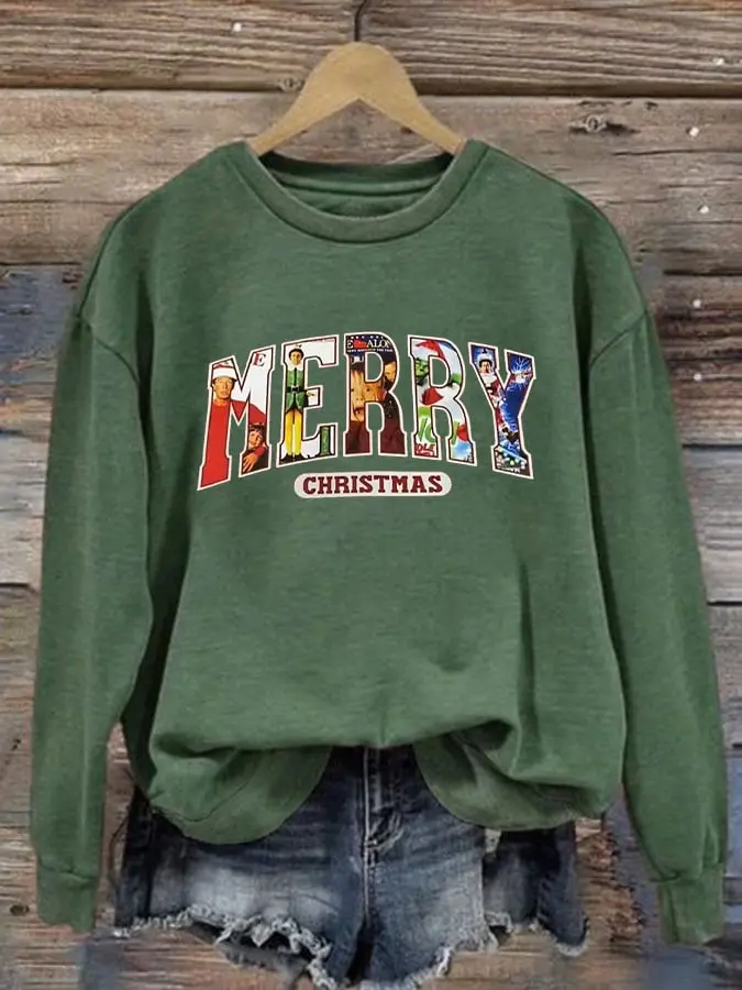 Merry Chrismas Print Crew Neck Sweater, Christmas Sweatshirt, Holiday Sweater, Winter Crewneck Shirt, Christmas Family Sweatshirt