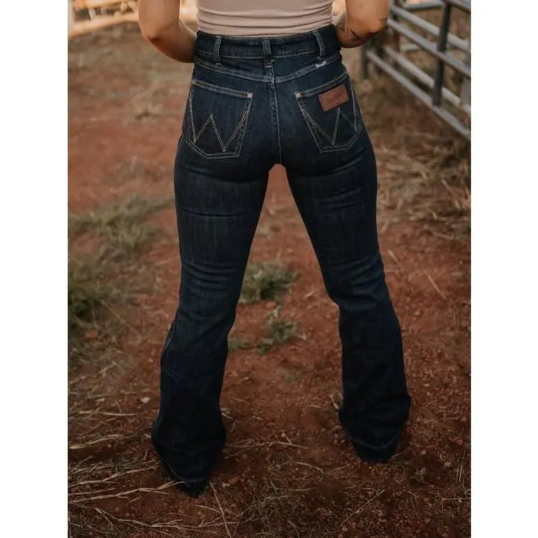 Wrangler Lady's Beth High-Rise Wide-Leg Bottom Jeans - Regular-Fit Cotton-Spandex Blend Pants with Pocket, Button Closure in Deep Sapphire
