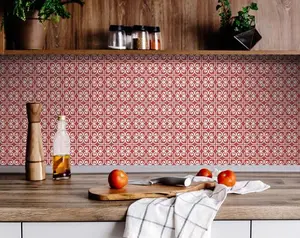 212 MAIN Coastal 5x5 in. Square Peel-Stick Removable Tiles Sticker, 24 Sheets, Colorful Brick Red & White Scroll Print Decorative Tiles for Kitchen Home Decor