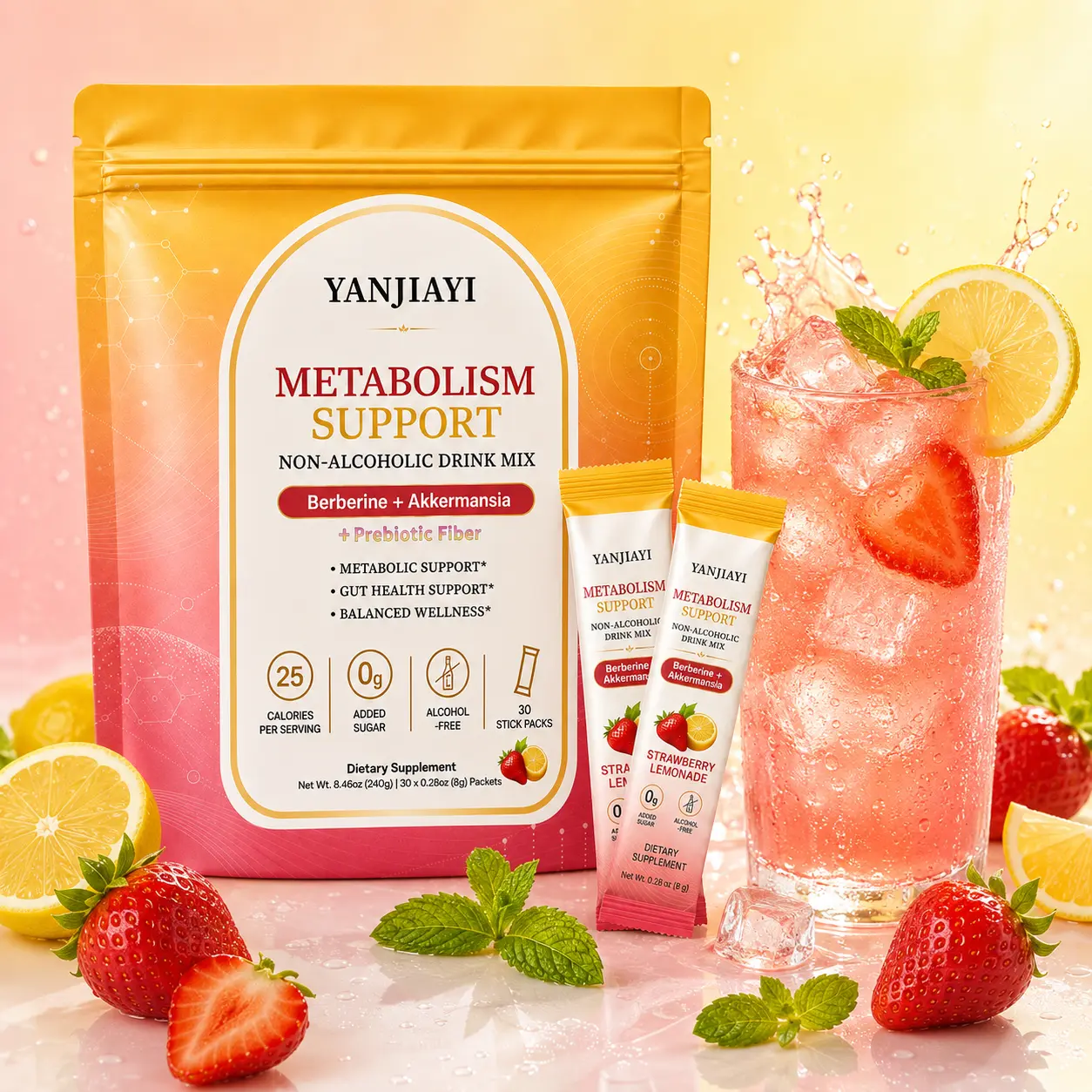 YANJIAYI Low Sugar Sugar-Free Gut Support Dietary Supplement Drink Mix - Berberine, Akkermansia, Prebiotic Fiber, Strawberry Lemonade Flavor, 30 Sticks for Balanced Wellness, Sugar Free Drink, Gut Cleanse