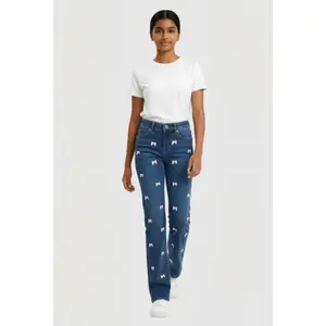 Girls Bow Detail Mid Rise Straight Leg Jeans