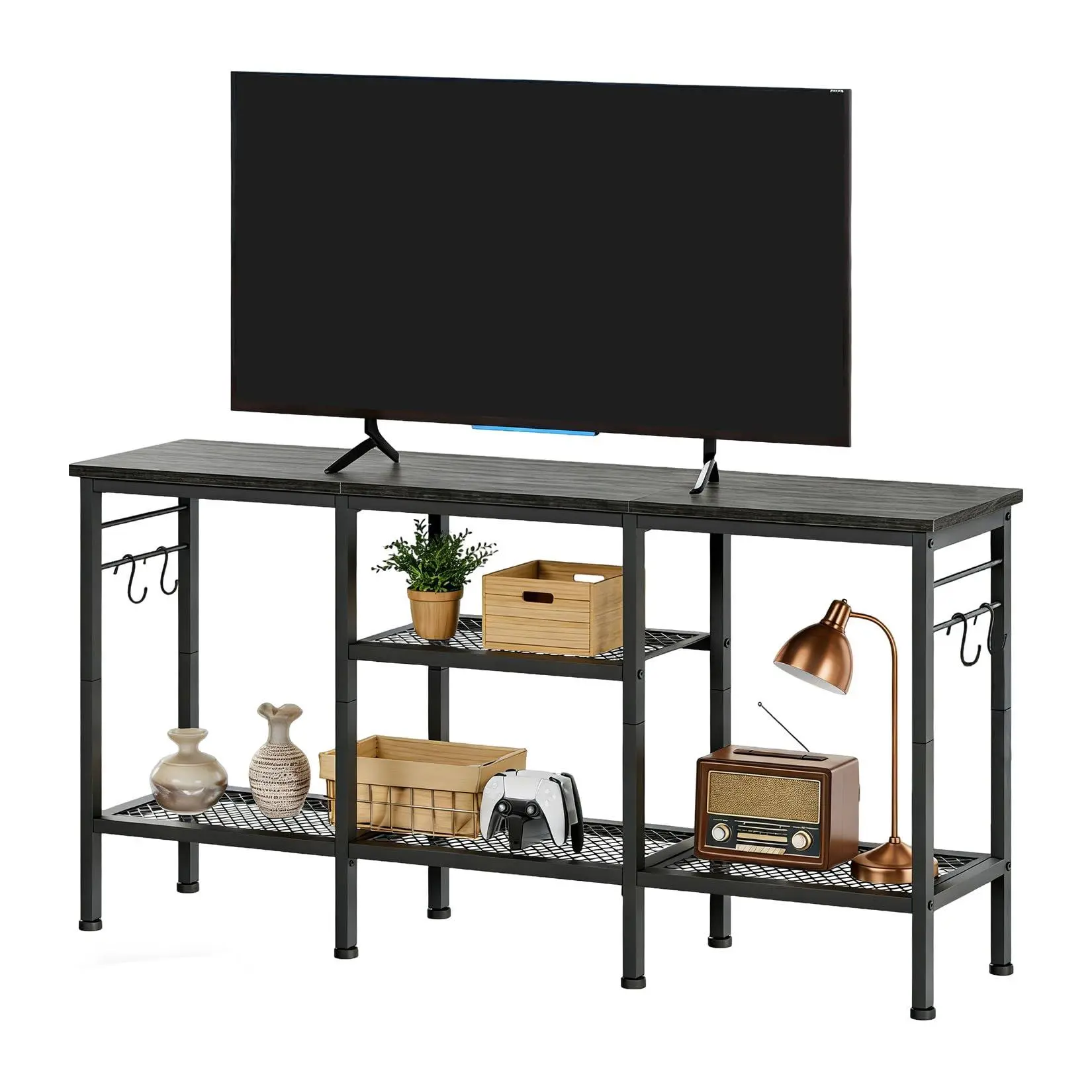 Black Modern Entertainment TV Stand for TVs Up to 55 In, with Soundbar Shelf & Open Storage Shelves, Ideal for Living Room, Bedroom