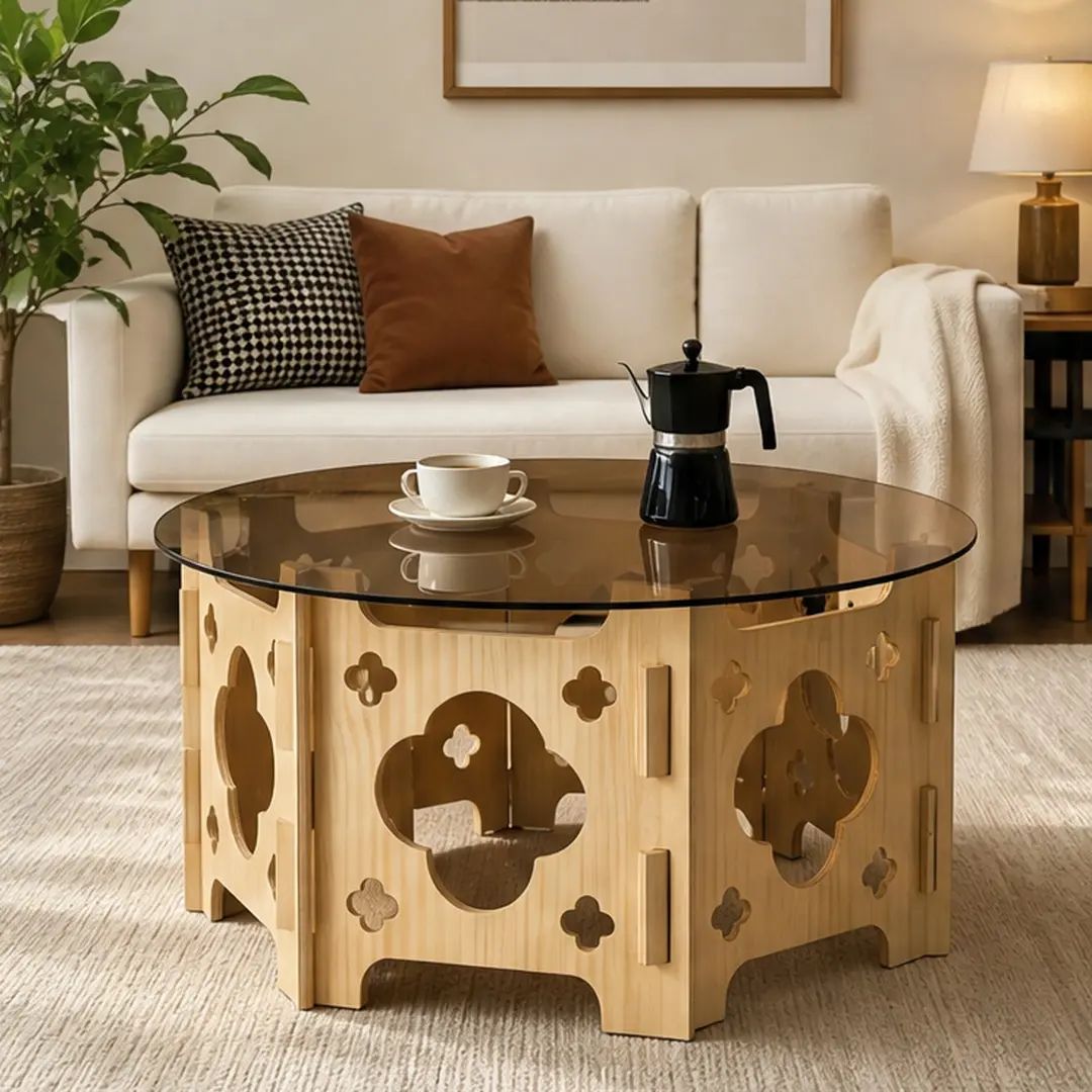 ARCH Round Wooden Style Coffee Table with Hidden Cat Nest, 31.5" Tempered Glass Top, Caramel Natural Finish Hollow Pedestal, Pet-Friendly Clean Aesthetic Large Round Living Room Furniture, Easy Assembly, 31.10" W x 31.10" D x 15.75" H, 17.00 Lb, Hollow Fl