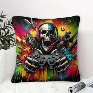 Vibrant Graffiti Skull Design Throw Pillow with Digital Print,Contains Pillow Core, 45cm Square Cushion with Colorful Headphones and Gaming Motif, Perfect for Gaming Room Decor, Energetic Neon Colors and Edgy Style for Sofas and Beds.