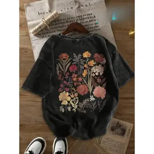 Men's Vintage Washed T-Shirt - Oversized, Multicolor Retro Floral Print on Black, Crew Neck Short-Sleeve, Machine Washable Spring/Summer Campus Streetwear (US Warehouse Shipping)