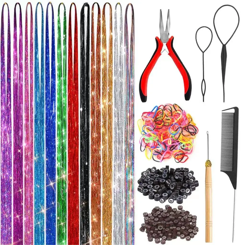 Fairy Hair Tinsel Kit with Tools 48 Inch Heat Resistant Safe Glitter Tinsel Hair Extensions