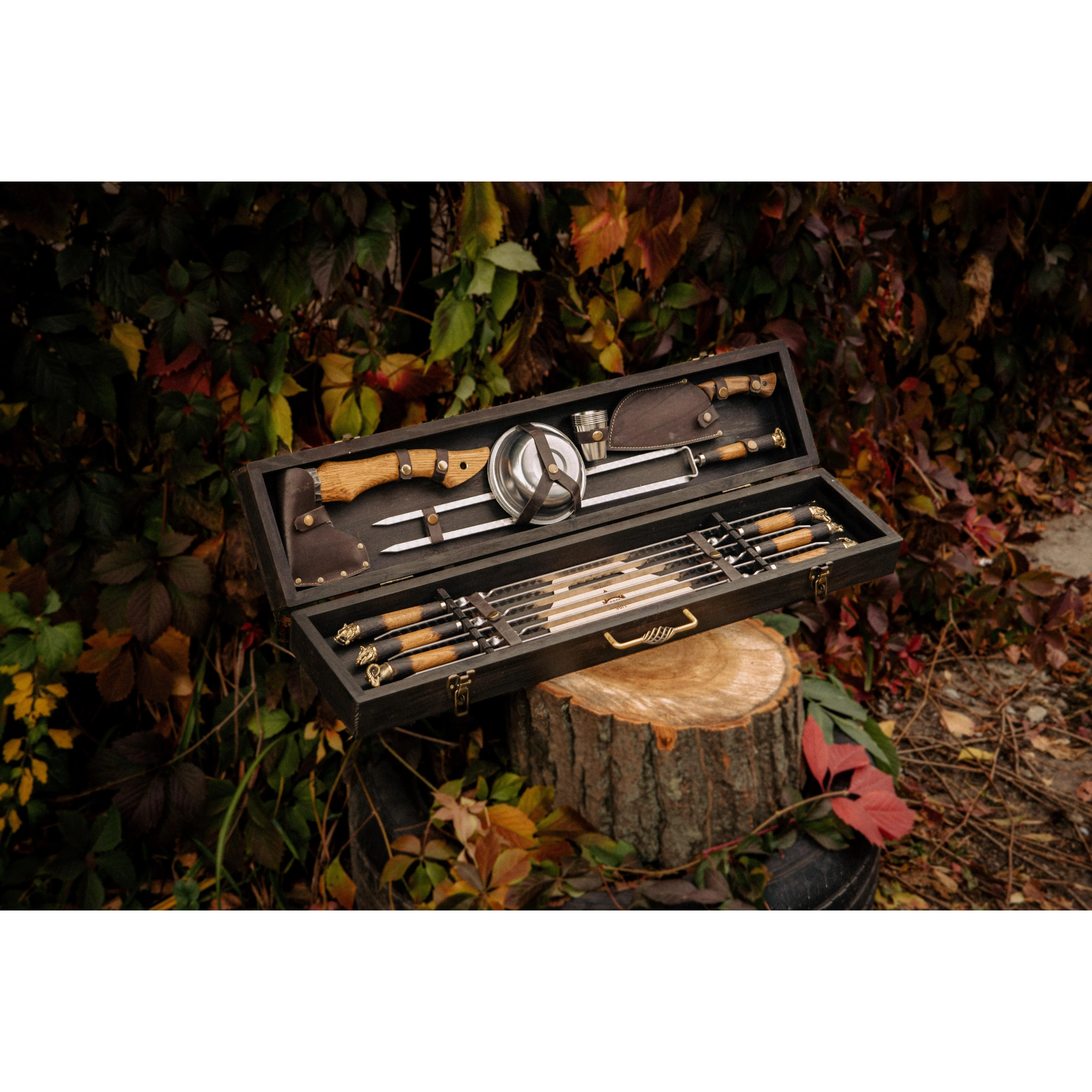 Handcrafted Stainless Steel BBQ Skewer & Grill Utensils Set - Ash Leather Handles, Bronze Fork, Oil-Resistant Design, Wooden Box Packaging, Handmade