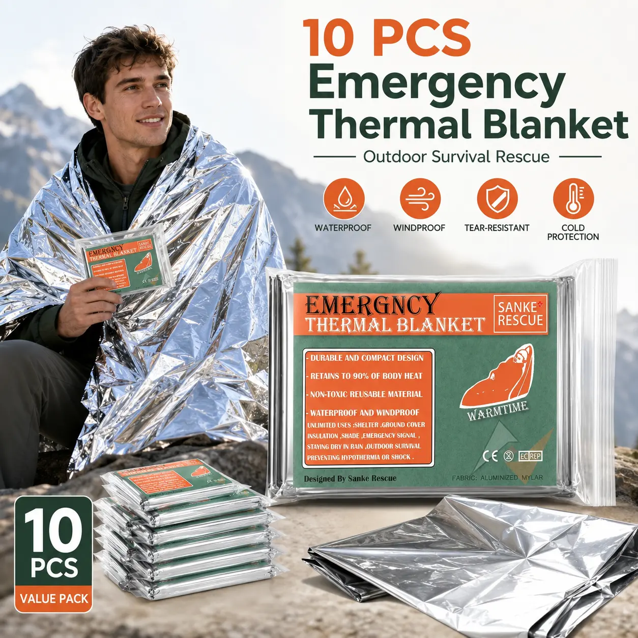 10-Pack Emergency Thermal Mylar Blankets Survival Kit, Emergency Survival Gear & Supplies for Outdoor, Camping, Hiking, Homeless Care, First Aid & Emergency Survival Use