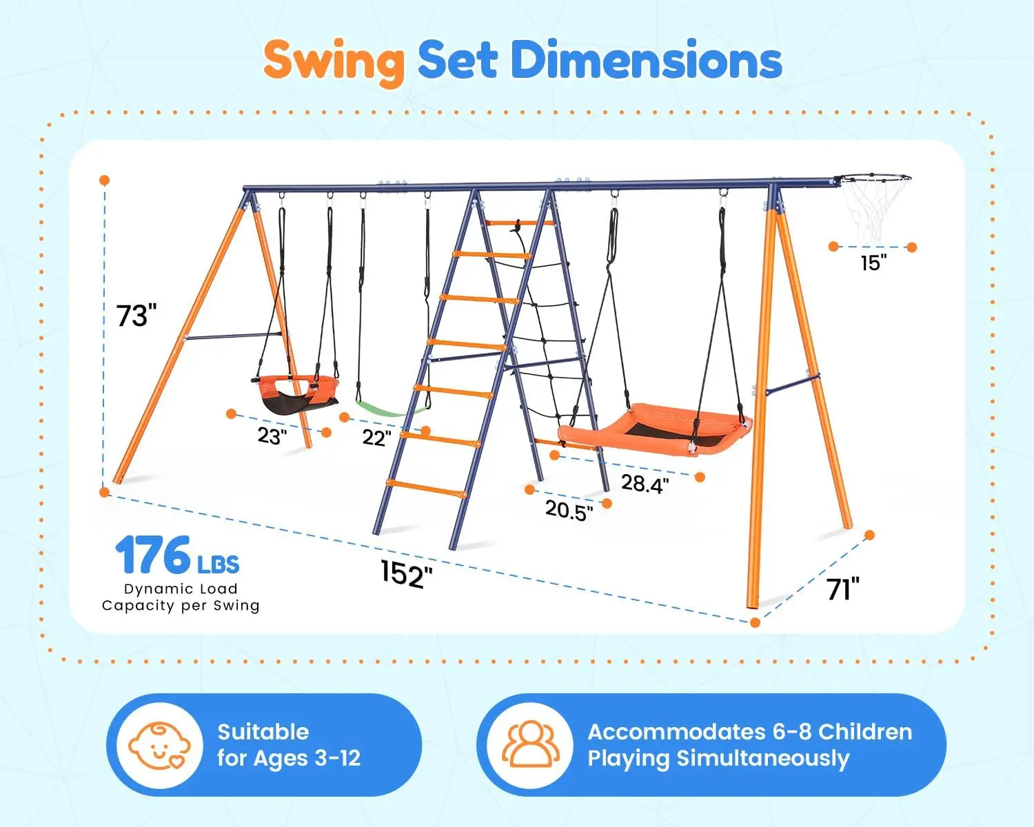Summervibes】6-in-1 Heavy-Duty Metal Backyard Swing Set (700 lbs