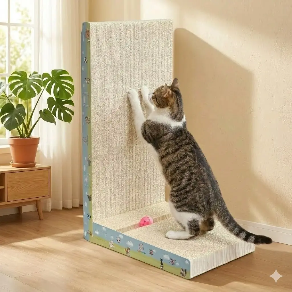 Vertical L-Shaped Cat Scratcher Couch Furniture Protector, Upgraded Sturdy Cardboard Cat Scratching Pad, High-Density Hardened Plant Fiber Cat Ramp with Bell Toy Ball for Wall Corner Cat Furniture cool cat stuff for indoor tiktokshopsummersale